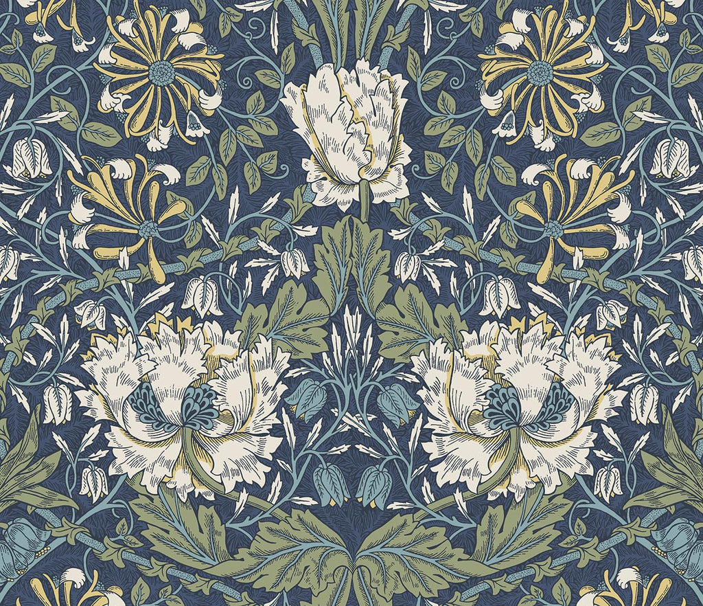 Seabrook Ogee Flora Indigo Dye & Sage Wallpaper