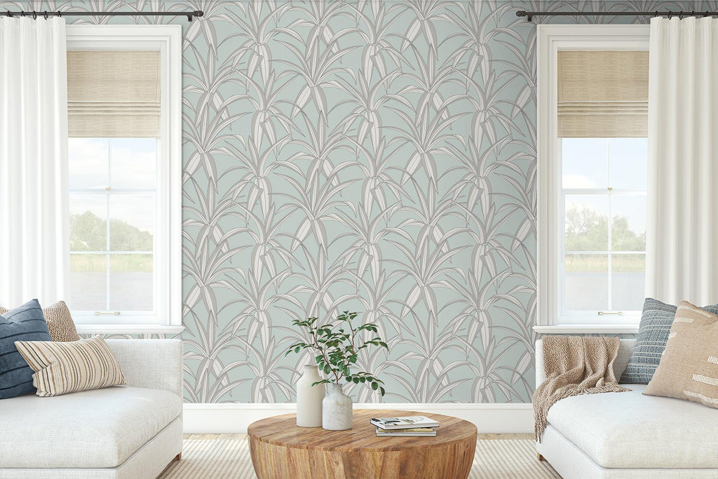 Seabrook Tossed Cradle Plant Blue Wallpaper