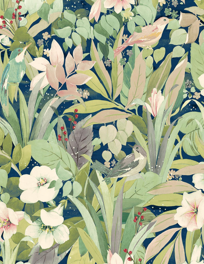 Seabrook Blossoming Birds Fern & Denim Blue Wallpaper