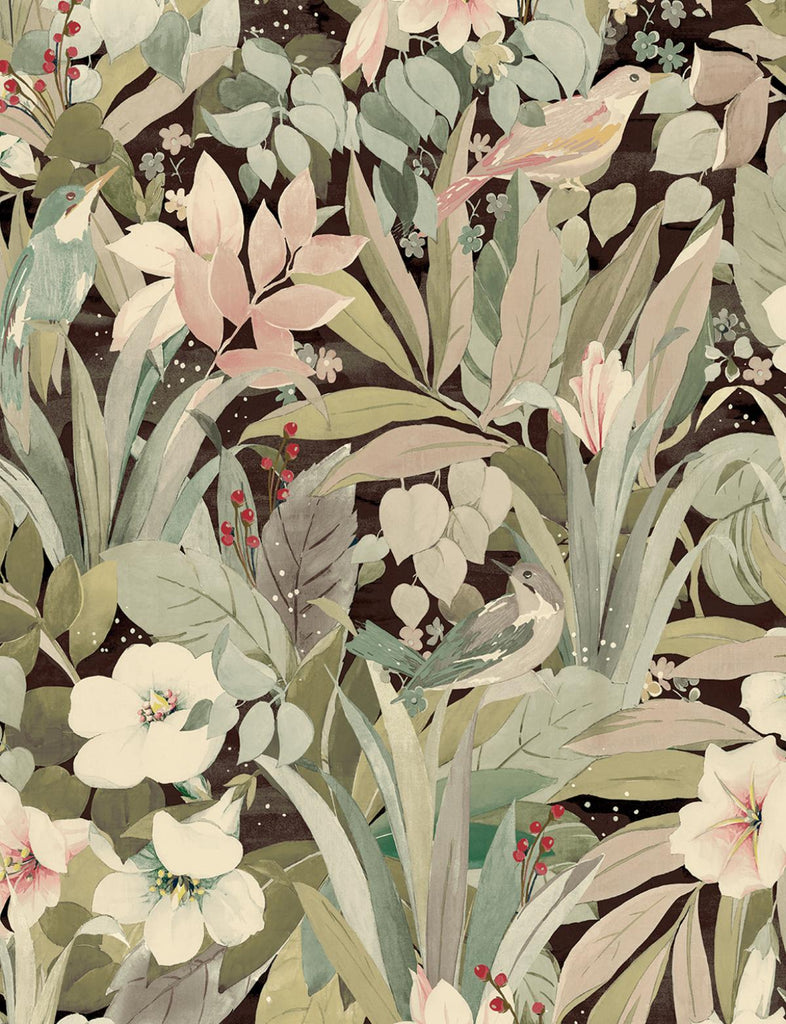 Seabrook Blossoming Birds Brown Wallpaper