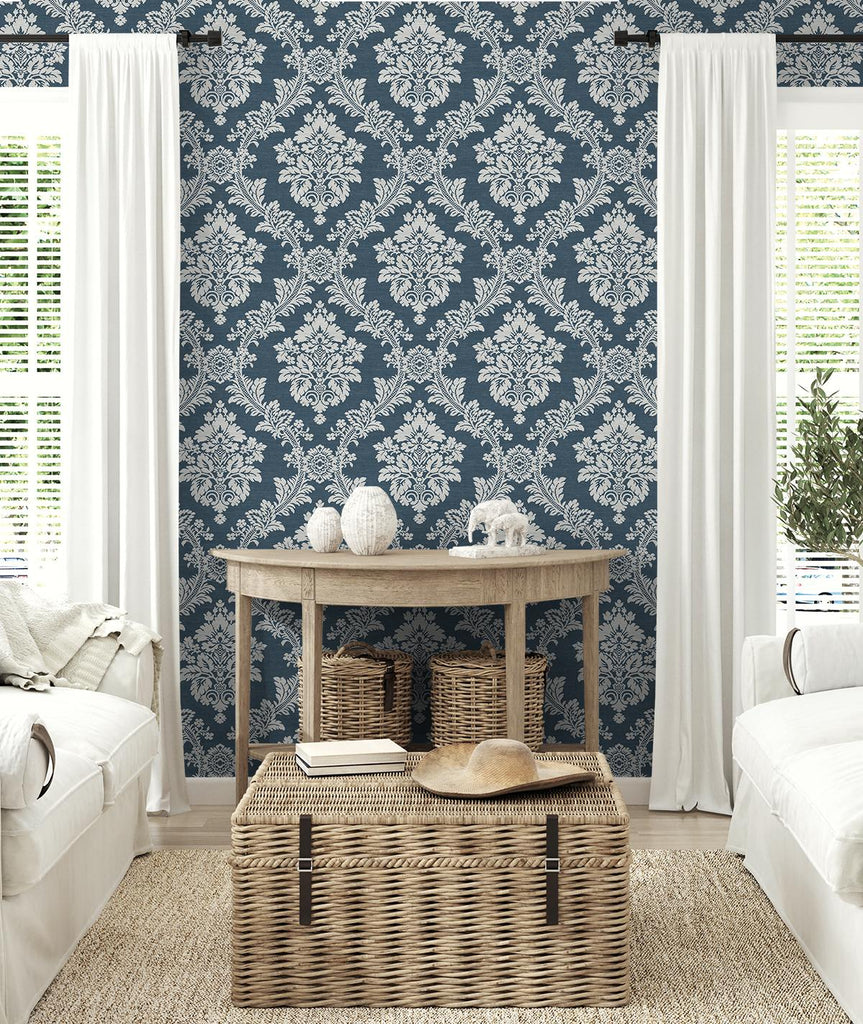 Seabrook Seaside Damask Blue Wallpaper