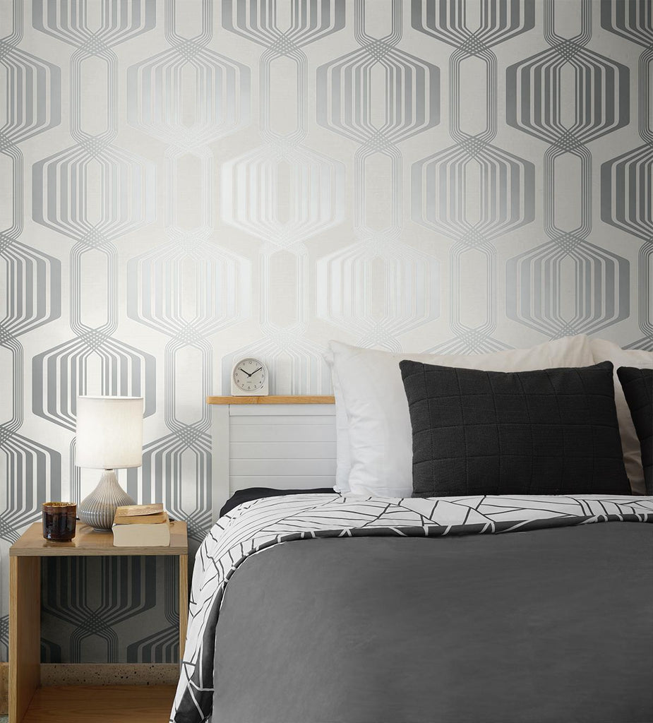 Seabrook Striped Geo Silver Wallpaper