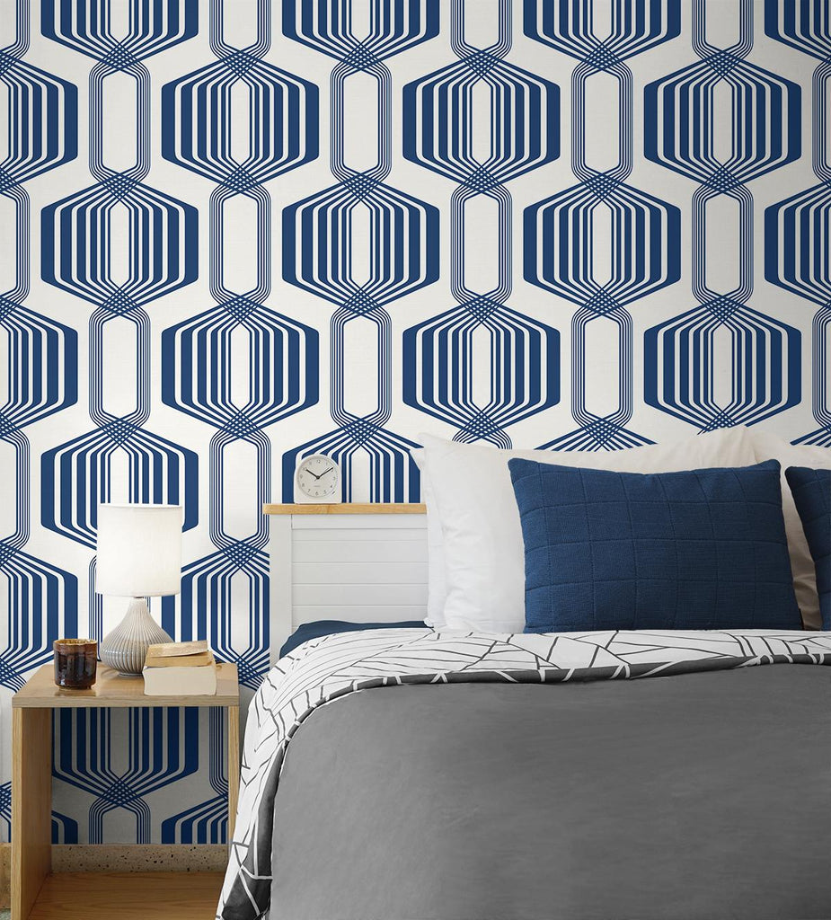 Seabrook Striped Geo Blue Wallpaper