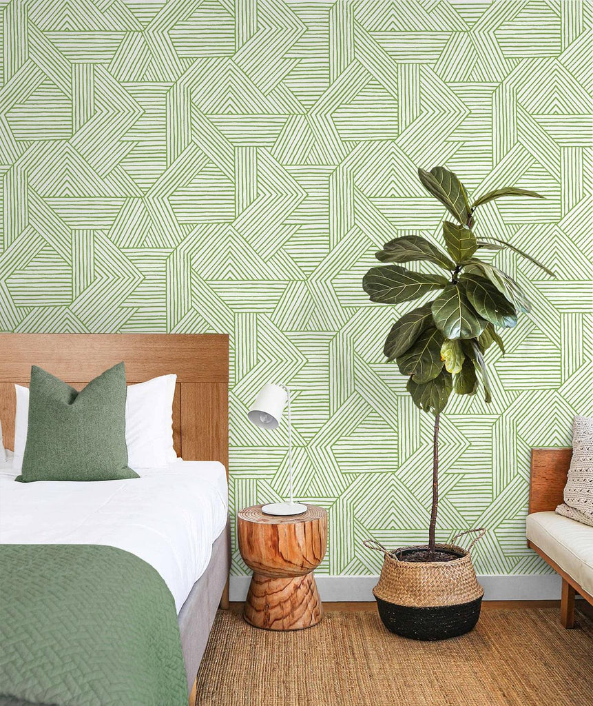 Seabrook Etched Geometric Green Wallpaper