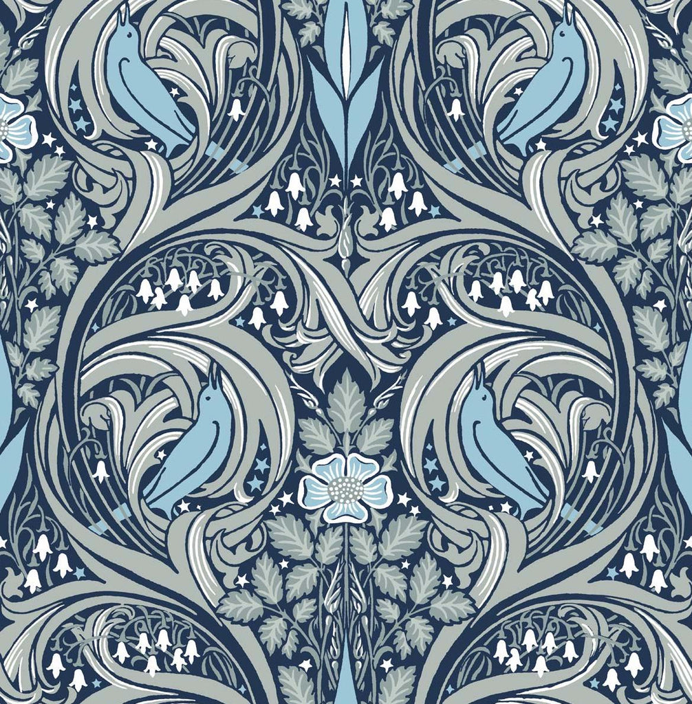 Seabrook Bird Ogee Prepasted Blue Wallpaper