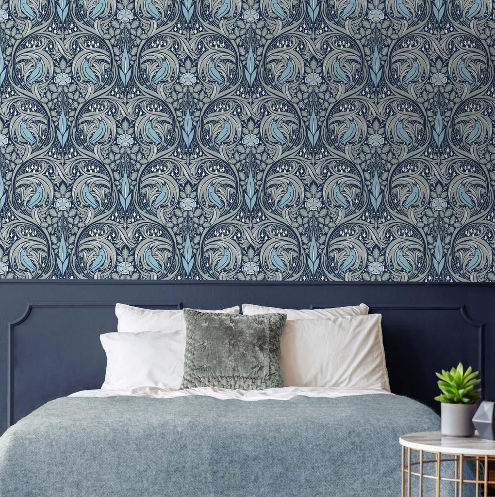 Seabrook Bird Ogee Prepasted Blue Wallpaper