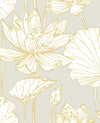 Seabrook Lotus Floral Prepasted Grey & Gold Wallpaper