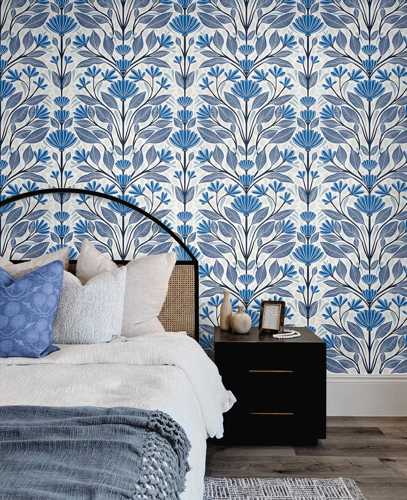 Seabrook Carmela Folk Floral Blue Wallpaper