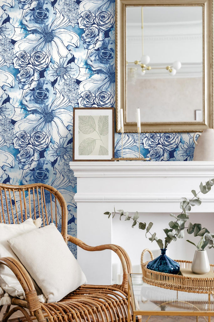 Seabrook Ink Rose Blue Wallpaper