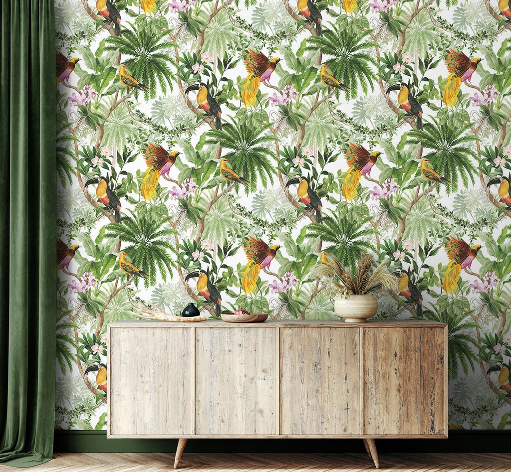 Seabrook Tropical Bird White Wallpaper