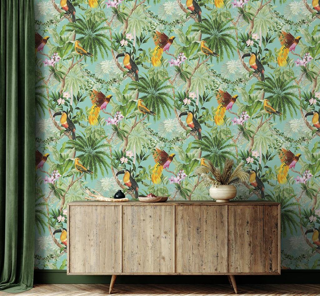 Seabrook Tropical Bird Blue Wallpaper