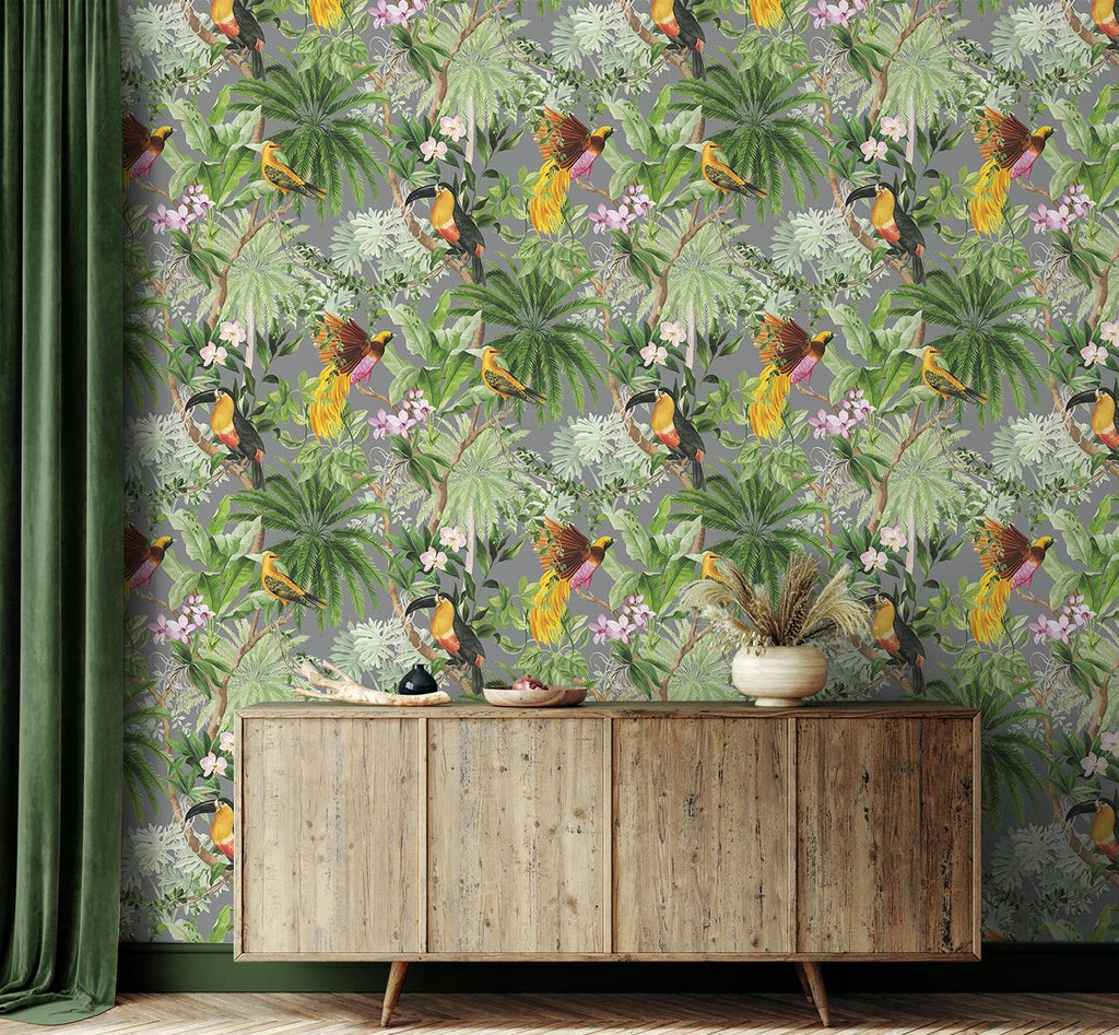 Seabrook Tropical Bird Grey Wallpaper