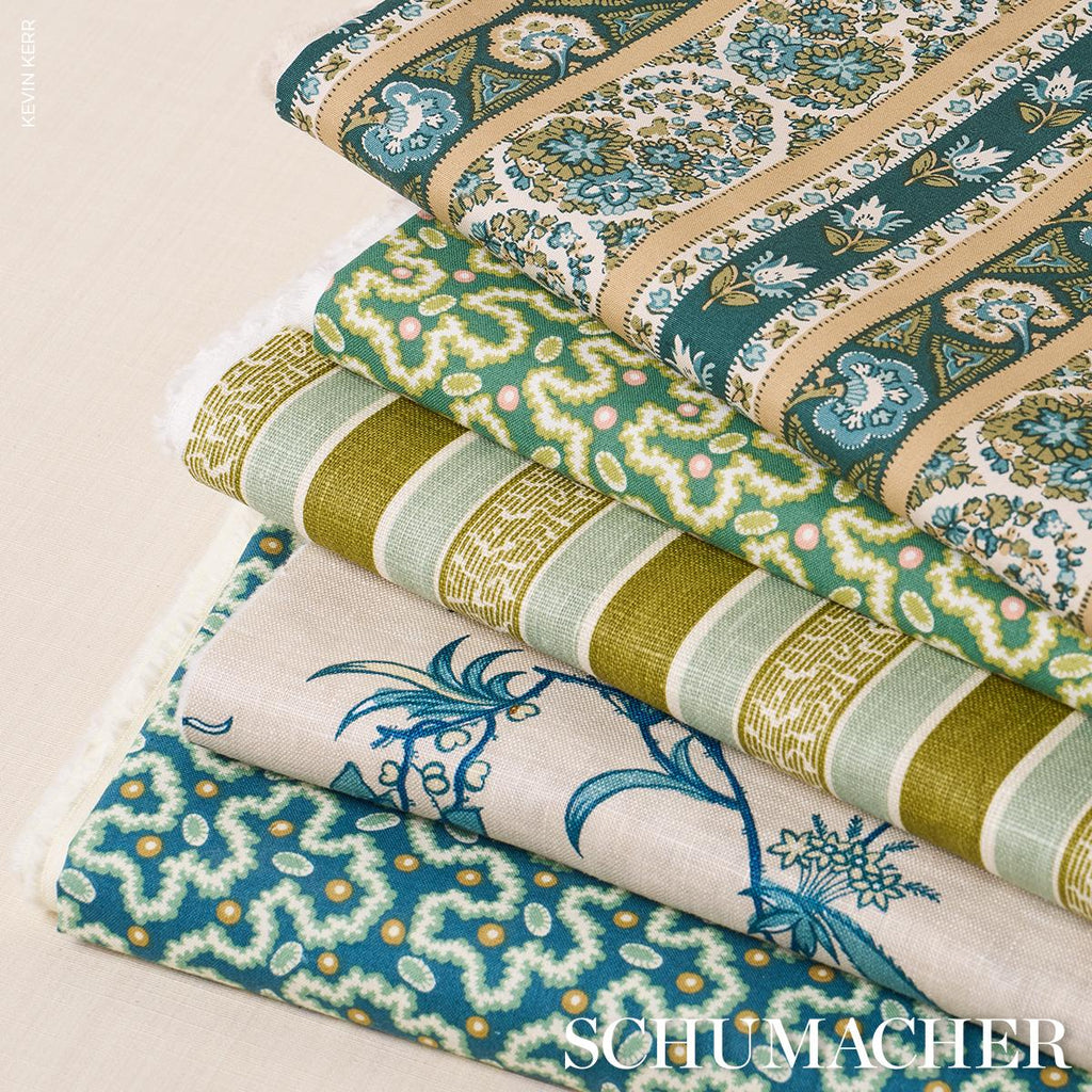 Schumacher Auguste Stripe Ciel & Leaf Fabric