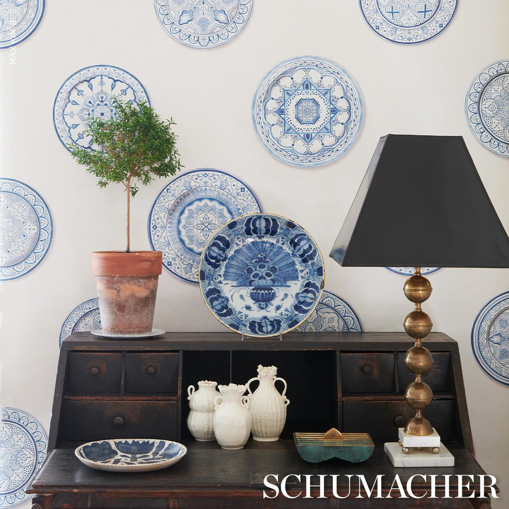 Schumacher Montecito Porcelain Indigo Wallpaper