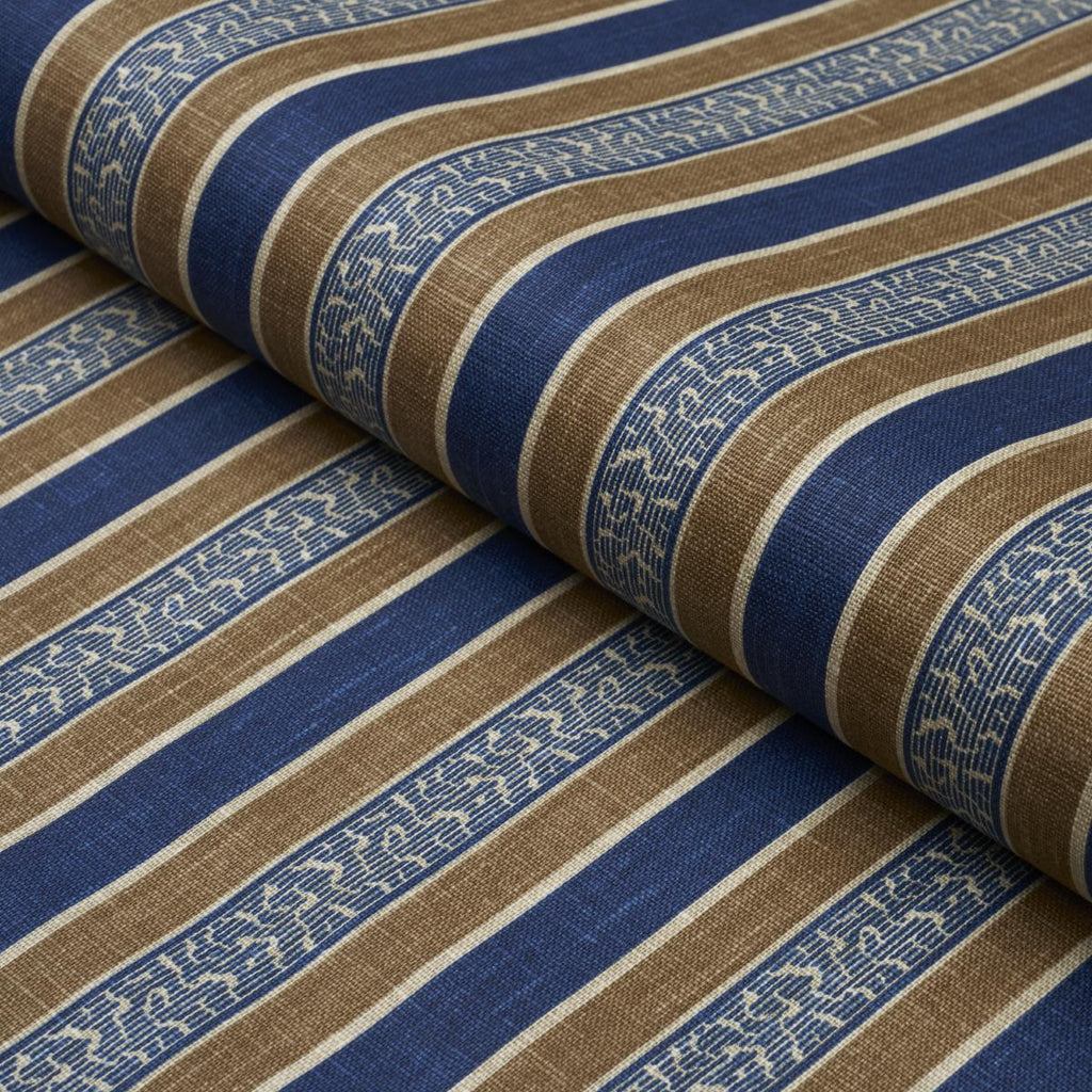 Schumacher Auguste Stripe Marine & Cognac Fabric