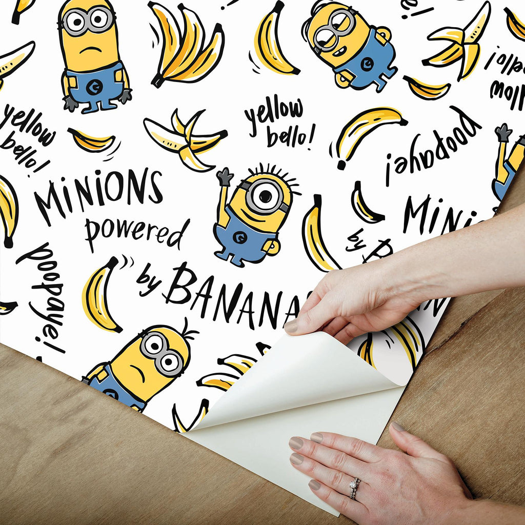 RoomMates Minions Powered By Bananas Peel & Stick White Wallpaper