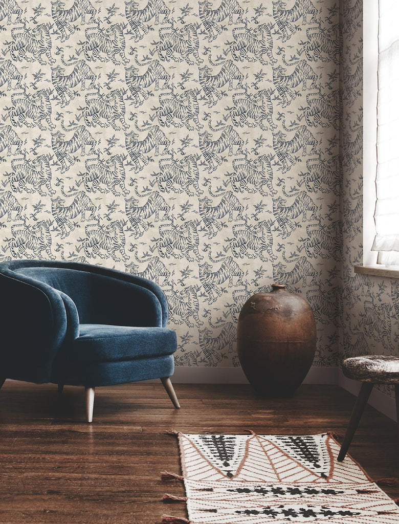 Lemieux et Cie Orly Tigers Indigo Off-White Wallpaper