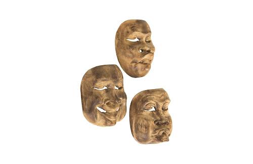 Phillips Collection Indonesian Masks, Set of 3, Teak Wood, Assorted Brown Accent