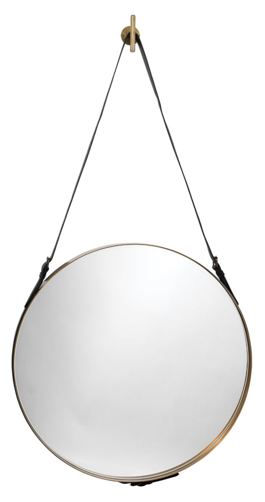 DecoratorsBest Round Steel Mirror, Antique Brass and Black Leather Strap