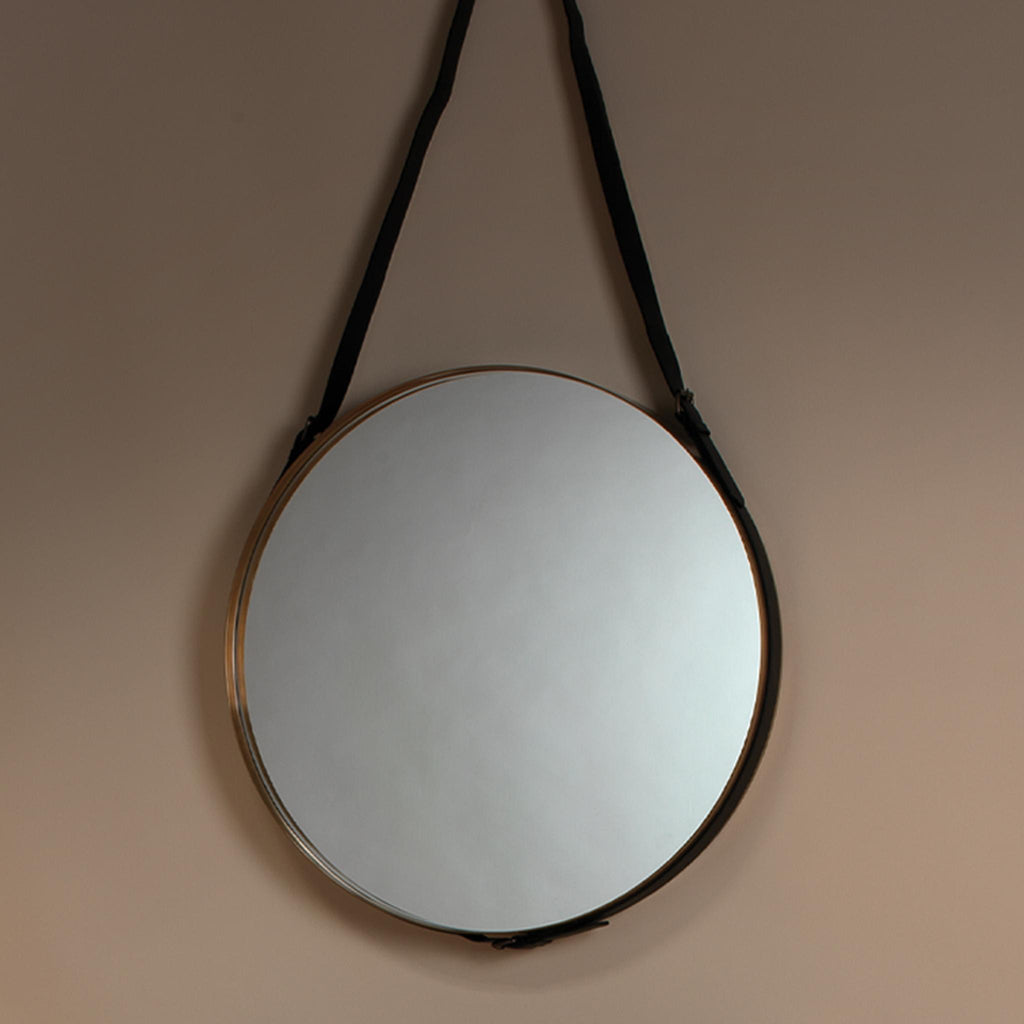 DecoratorsBest Round Steel Mirror, Antique Brass and Black Leather Strap