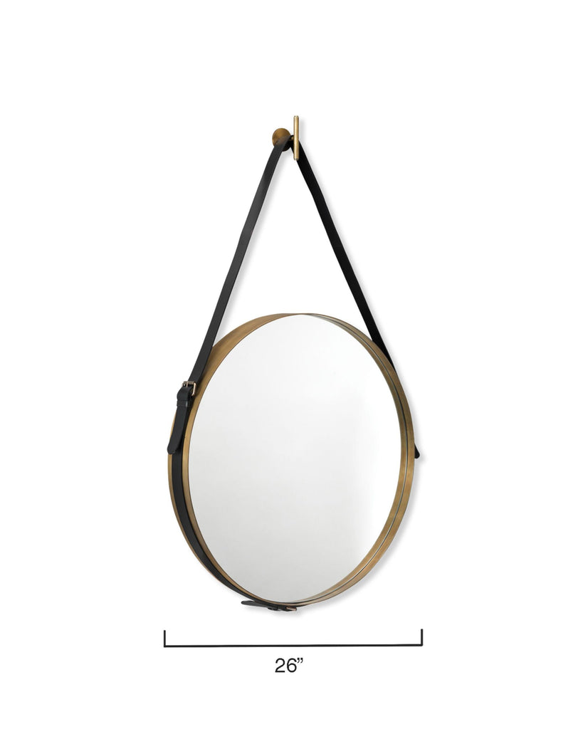 DecoratorsBest Round Steel Mirror, Antique Brass and Black Leather Strap