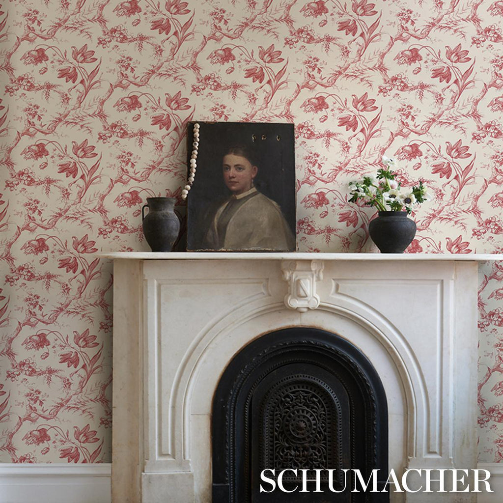 Schumacher Toile De Fleurs Rouge Wallpaper