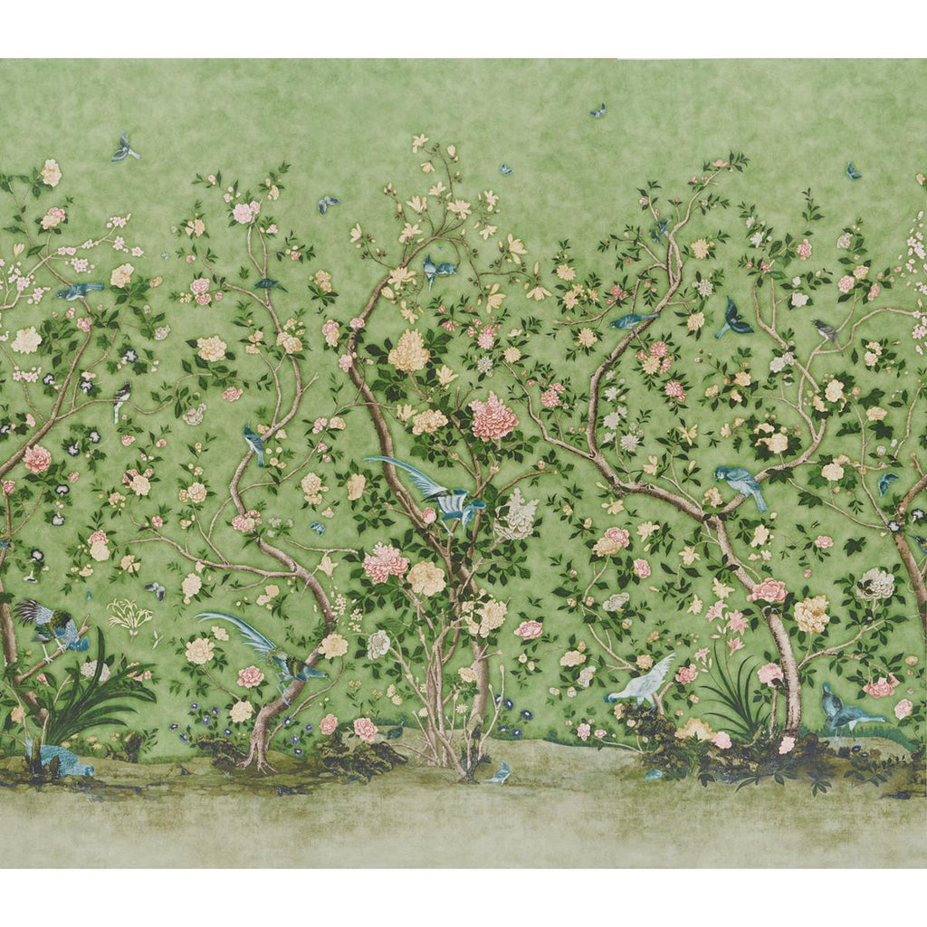 Schumacher Les Oiseaux Panel Set Apple Green Wallpaper