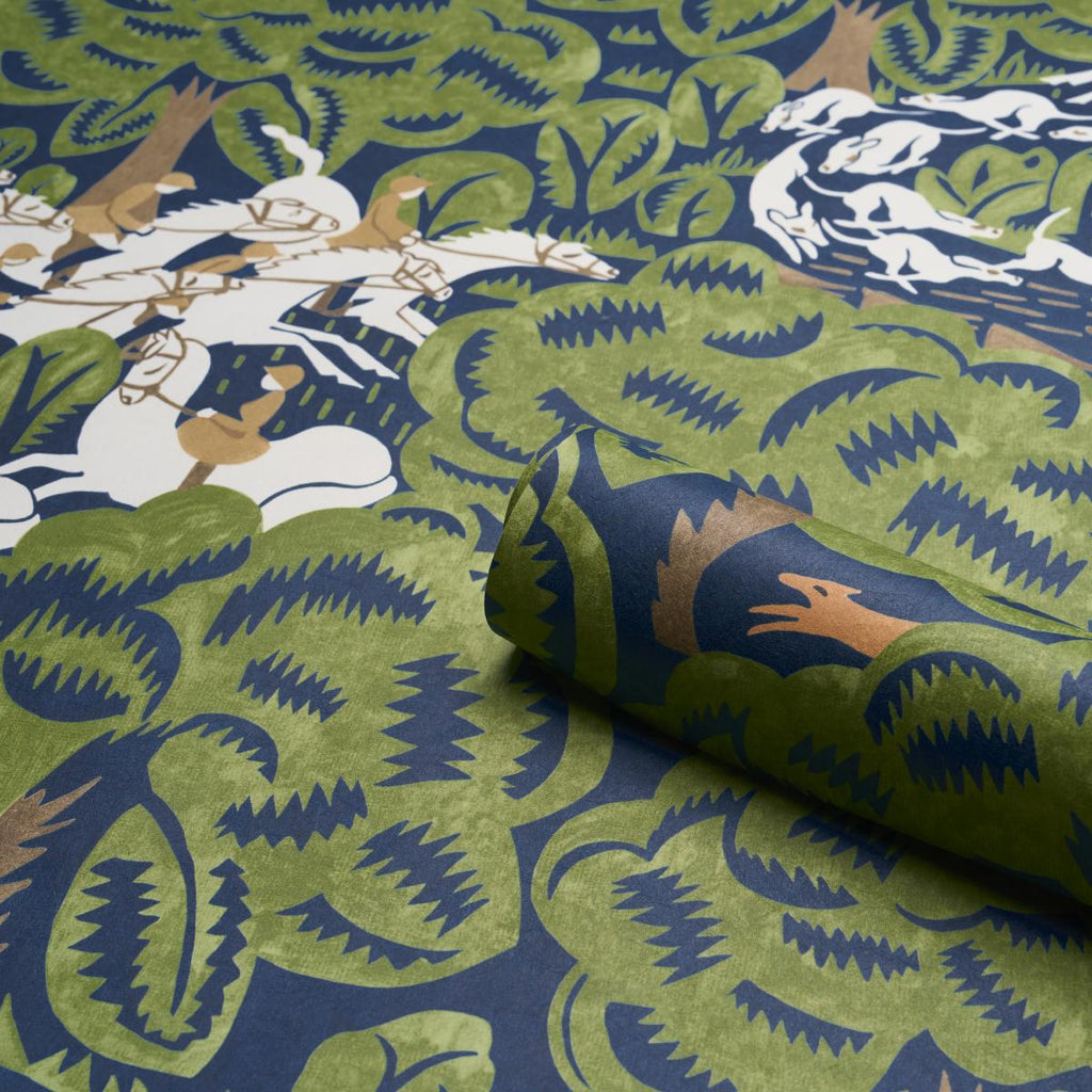 Schumacher Margaret Schloeman'S Fox Chase Navy & Green Wallpaper