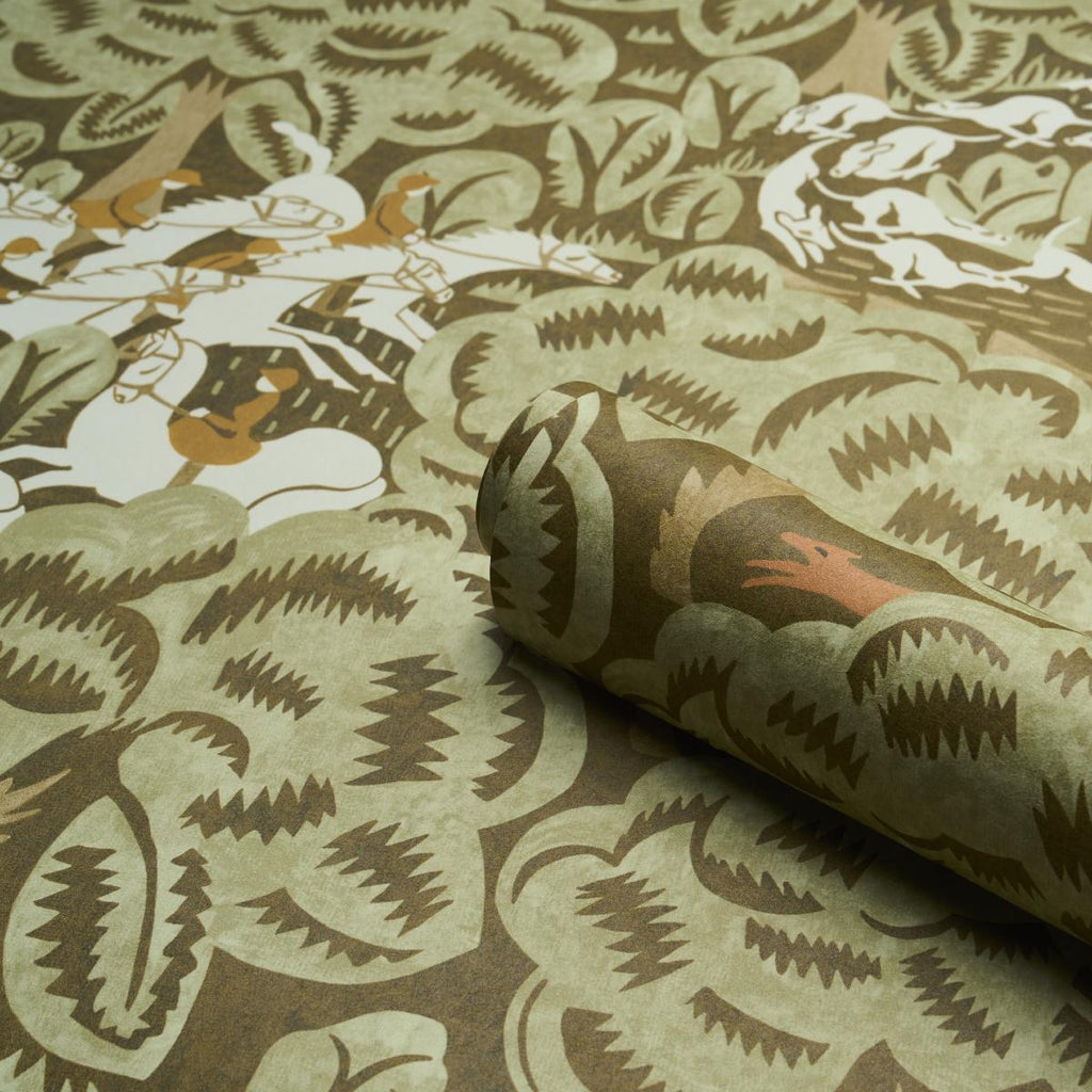 Schumacher Margaret Schloeman'S Fox Chase Sage & Soft Brown Wallpaper