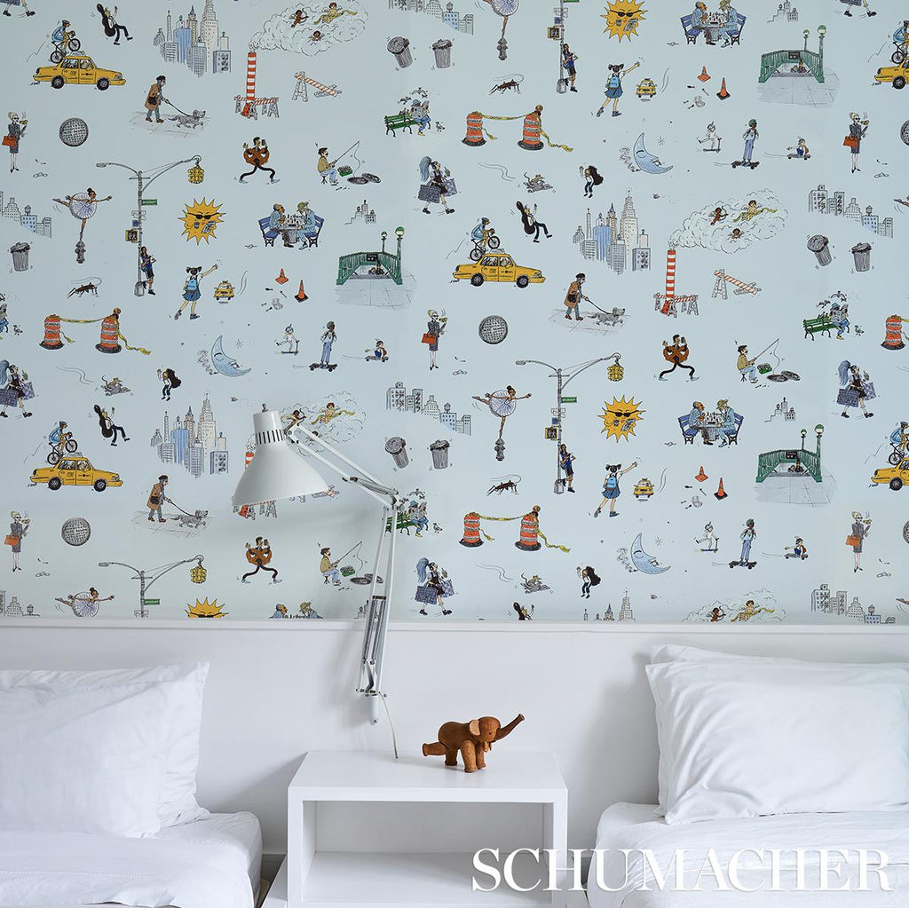 Schumacher Joana Avillez'S Street Scenes Multicolor On Sky Blue Wallpaper