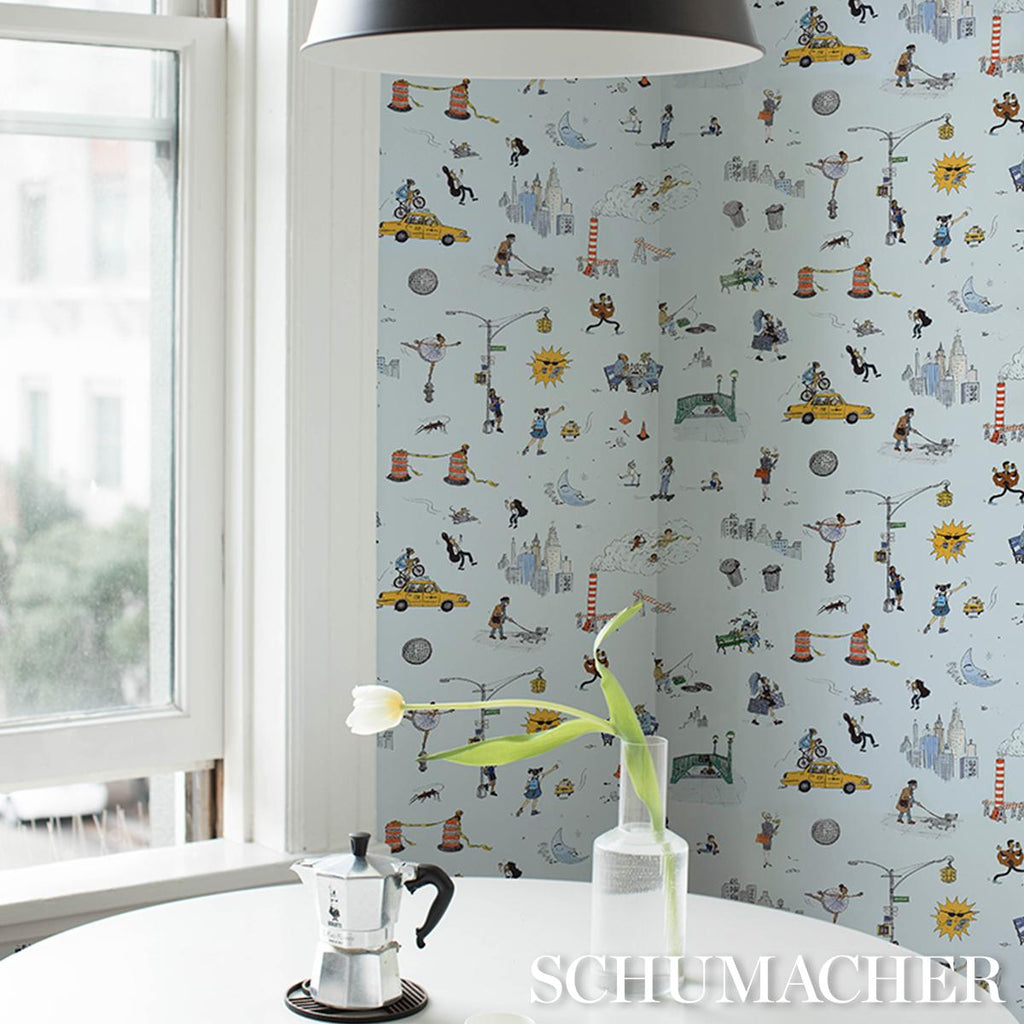 Schumacher Joana Avillez'S Street Scenes Multicolor On Sky Blue Wallpaper