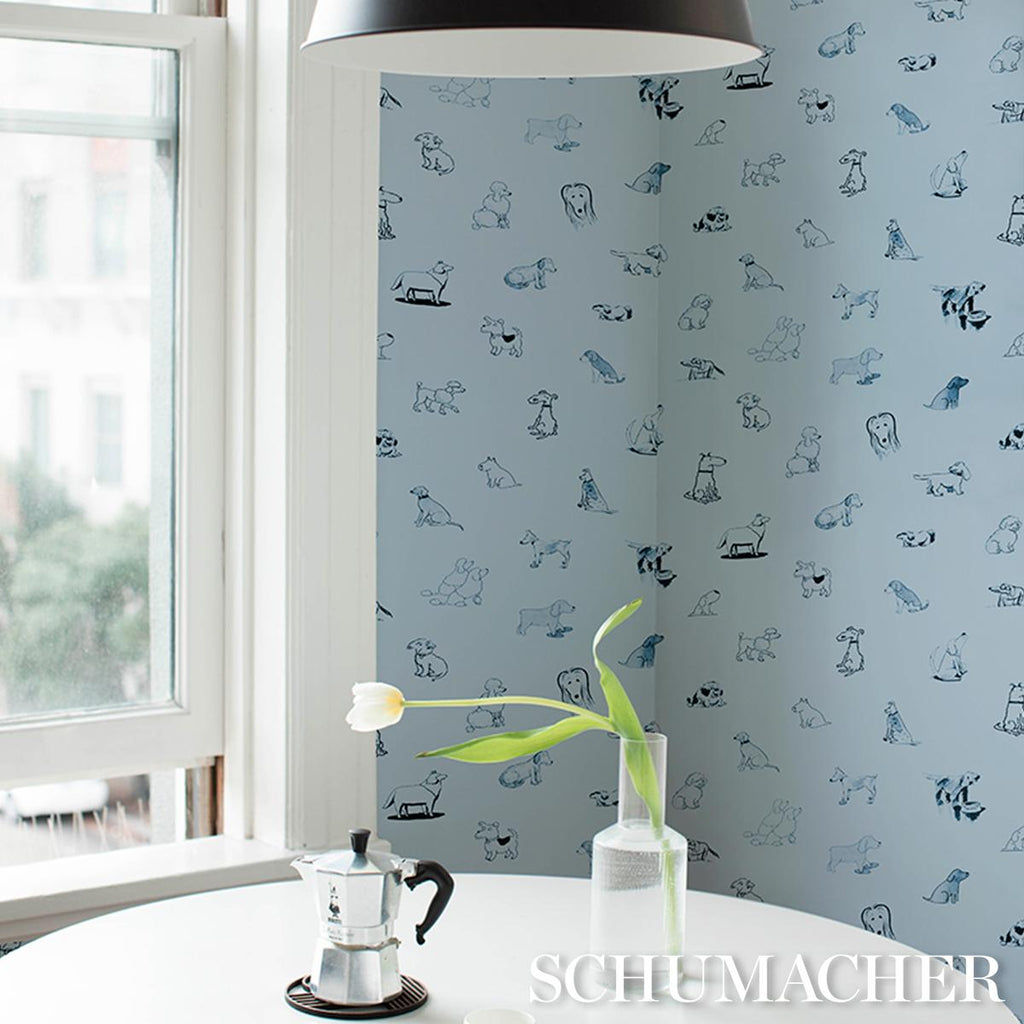 Schumacher Good Dogs Everywhere Sky & Navy Blue Wallpaper