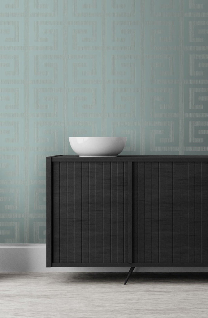 Seabrook Greek Key Metallic Sea Green Wallpaper