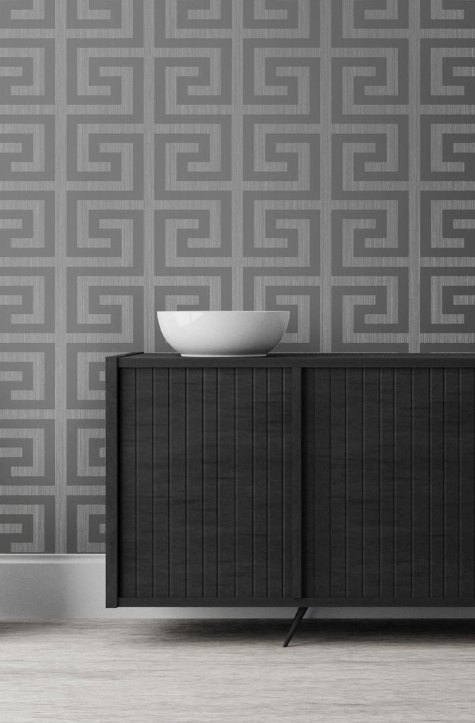 Seabrook Greek Key Metallic Silver & Earl Gray Wallpaper