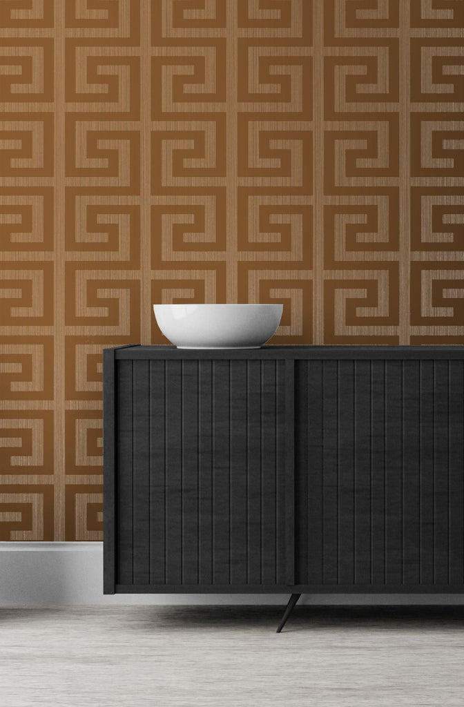 Seabrook Greek Key Metallic Terra Cotta Wallpaper