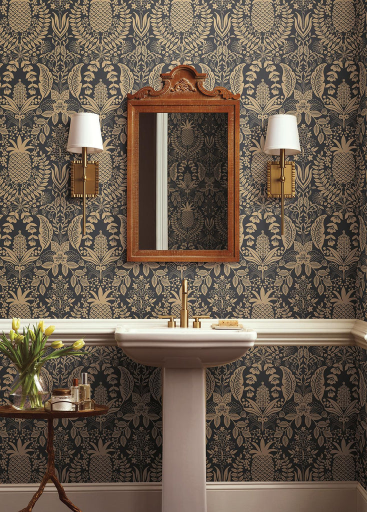 Rifle Paper Co. Pineapple Damask Black Wallpaper