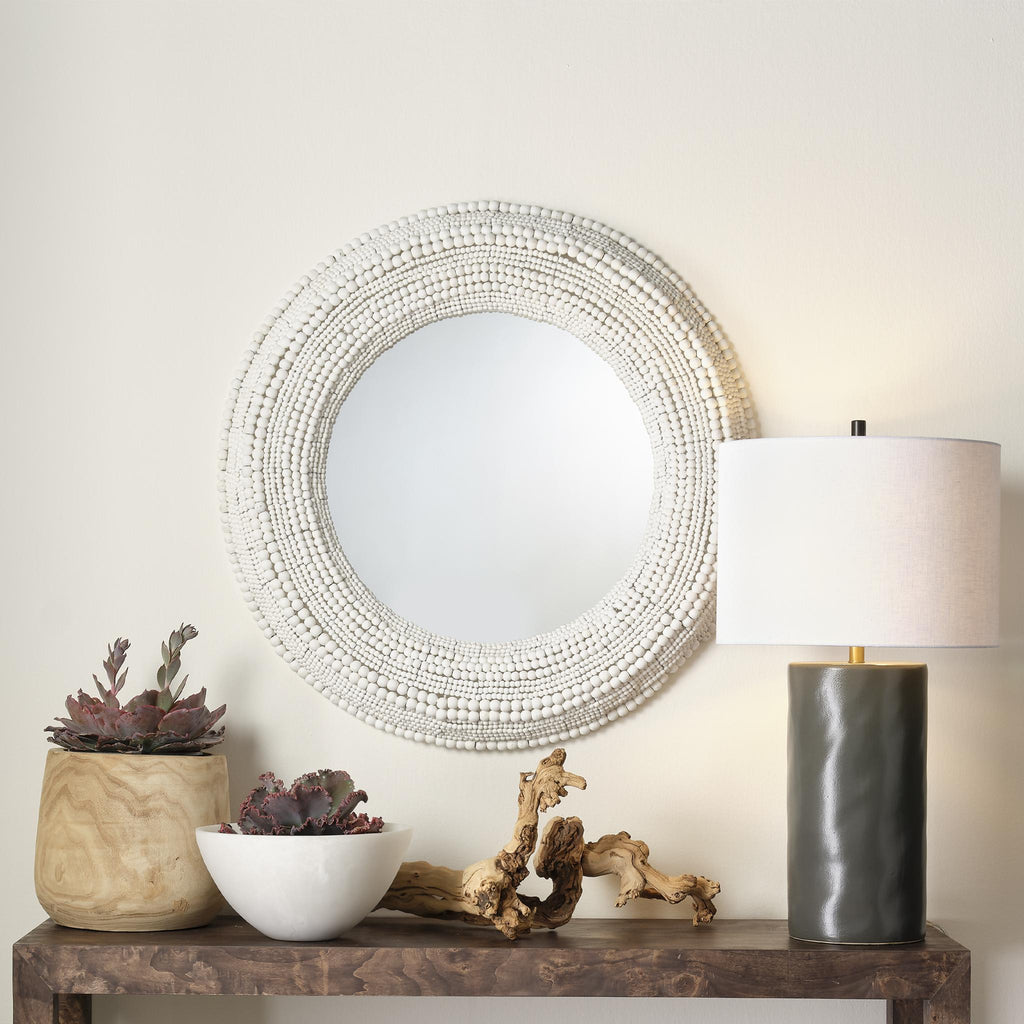 Jamie Young Strand Wood Beaded Round Mirror, White