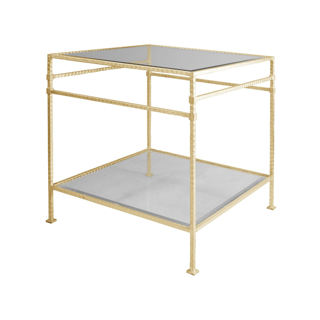 Worlds Away TWO TIER SQUARE TABLE WITH GLASS TOP IN HAMMERED GOLD LEAF