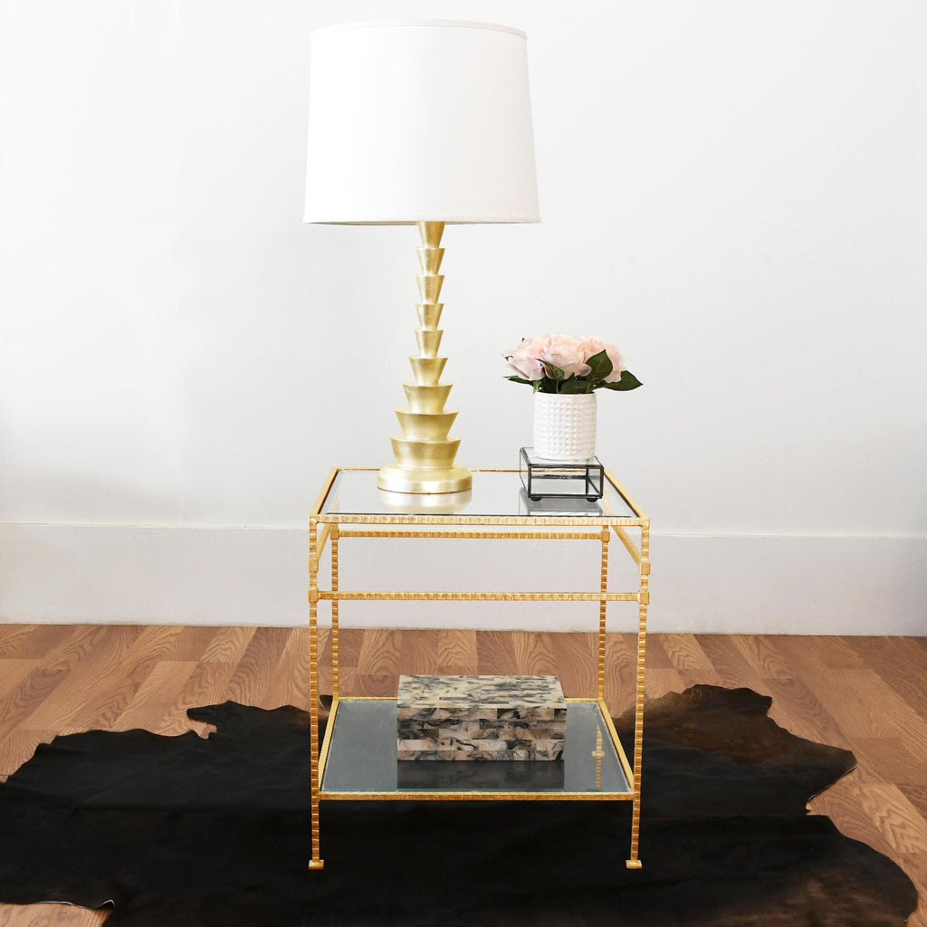 Worlds Away TWO TIER SQUARE TABLE WITH GLASS TOP IN HAMMERED GOLD LEAF