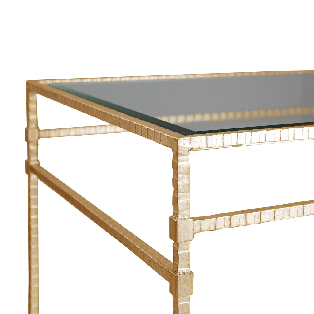 Worlds Away TWO TIER SQUARE TABLE WITH GLASS TOP IN HAMMERED GOLD LEAF