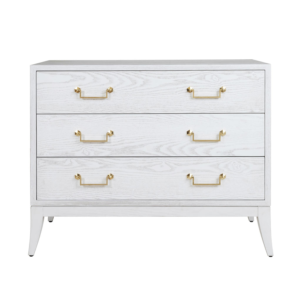 Worlds Away SABRE LEG 3 DRAWER CHEST WITH BRASS SWING HANDLE IN WHITE WASHED OAK