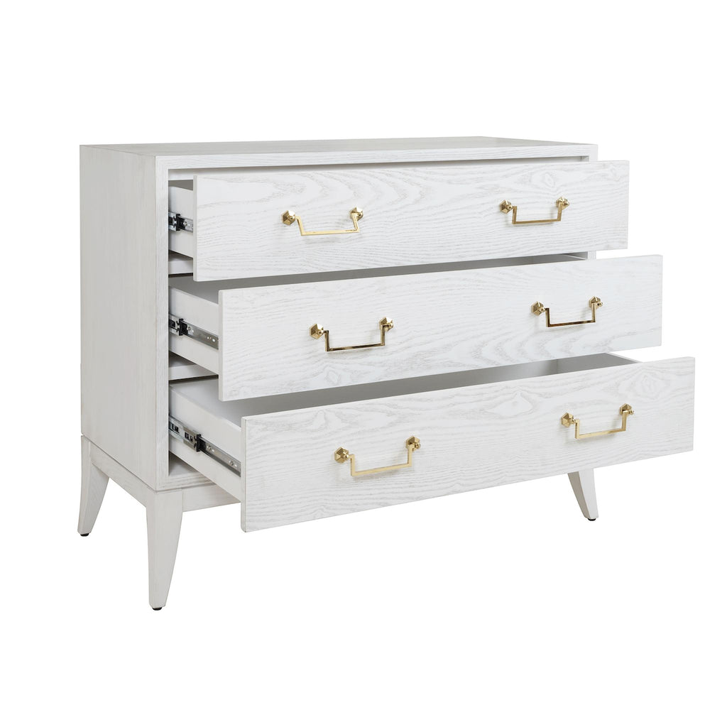 Worlds Away SABRE LEG 3 DRAWER CHEST WITH BRASS SWING HANDLE IN WHITE WASHED OAK