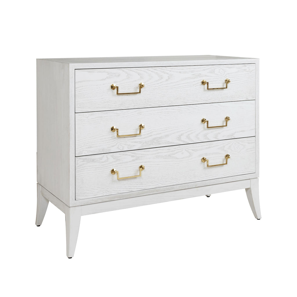 Worlds Away SABRE LEG 3 DRAWER CHEST WITH BRASS SWING HANDLE IN WHITE WASHED OAK