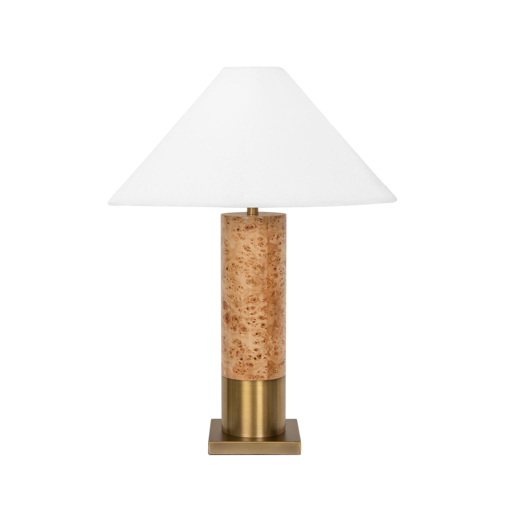 Worlds Away BRUSHED BRASS BASE TABLE LAMP WITH WHITE LINEN COOLIE SHADE IN BURL WOOD