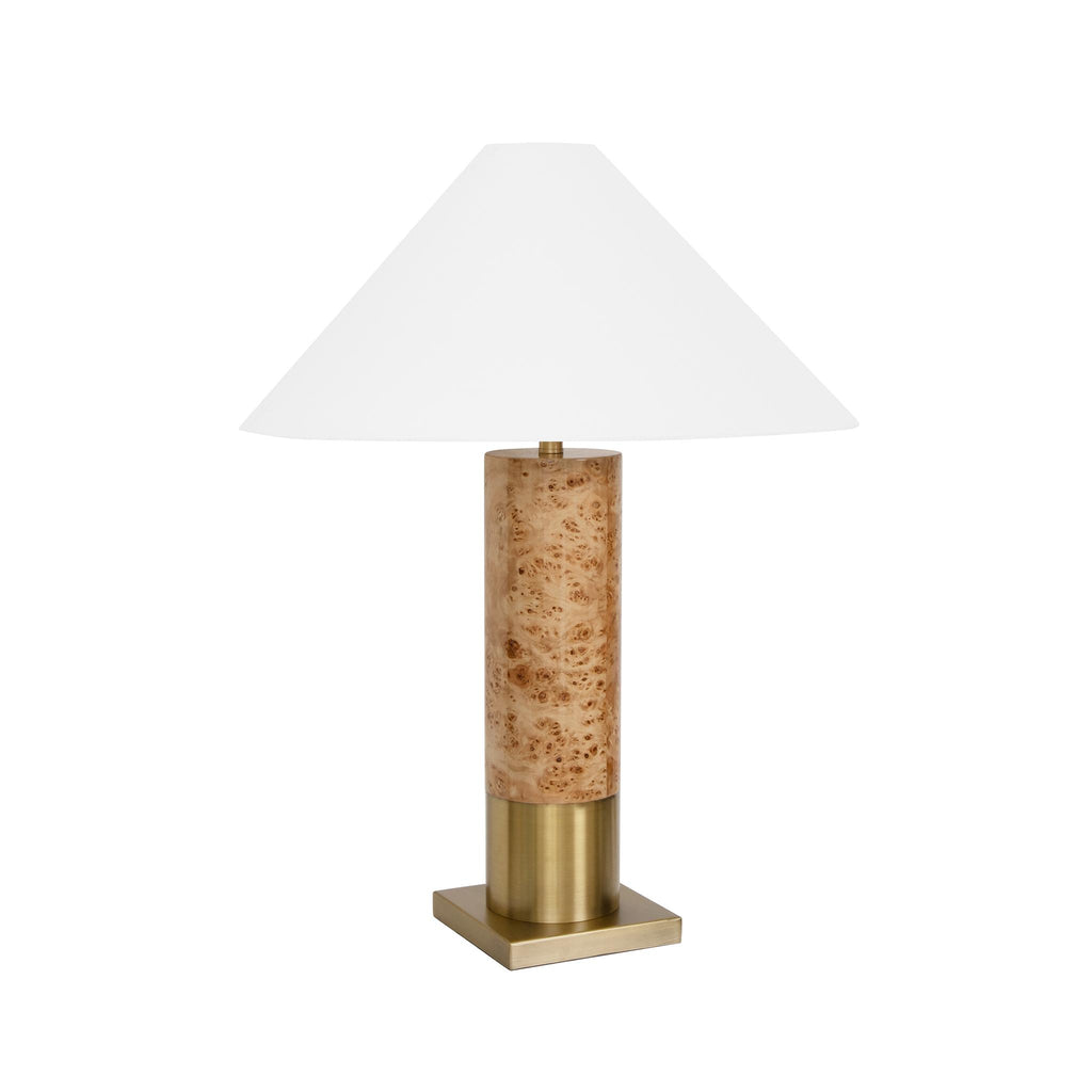 Worlds Away BRUSHED BRASS BASE TABLE LAMP WITH WHITE LINEN COOLIE SHADE IN BURL WOOD