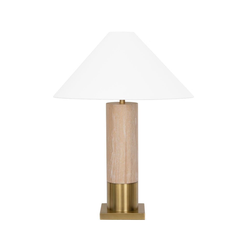 Worlds Away BRUSHED BRASS BASE TABLE LAMP WITH WHITE LINEN COOLIE SHADE IN CERUSED OAK_x000D_