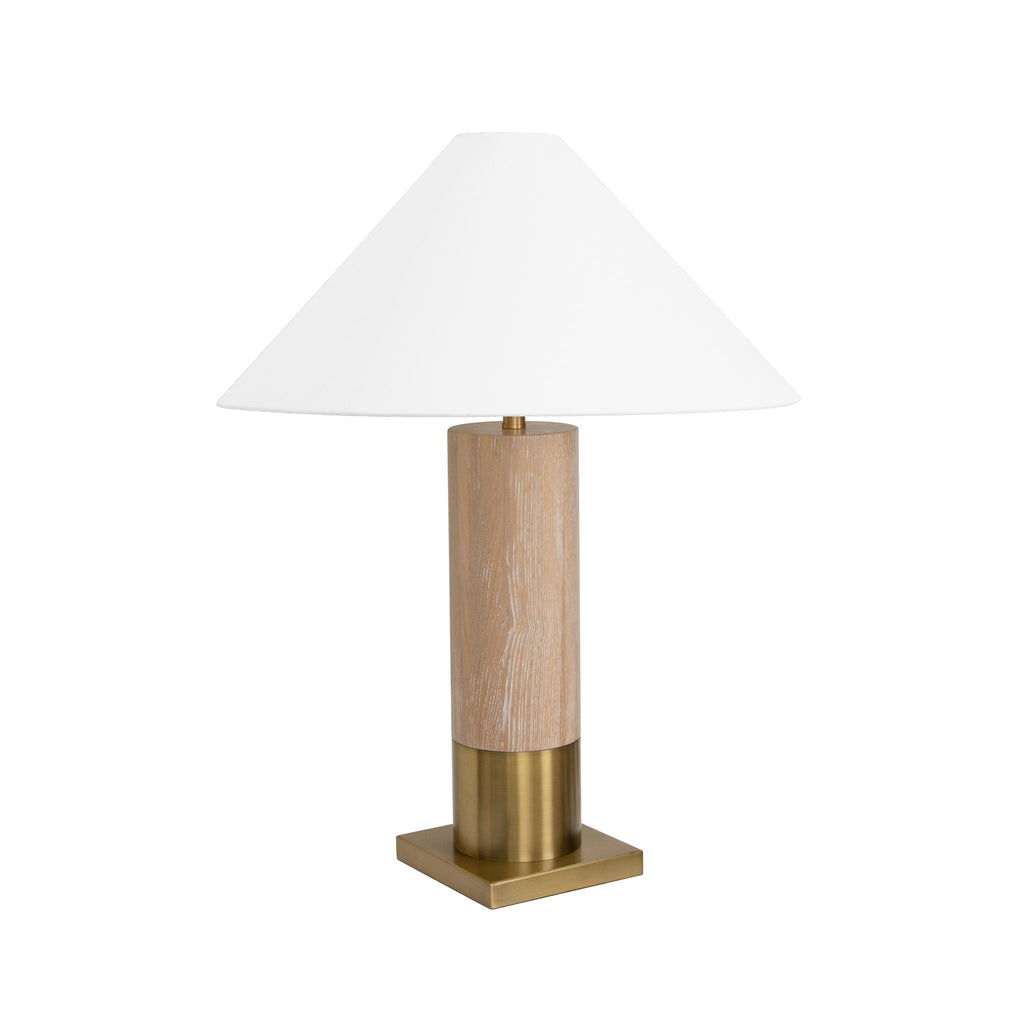 Worlds Away BRUSHED BRASS BASE TABLE LAMP WITH WHITE LINEN COOLIE SHADE IN CERUSED OAK_x000D_