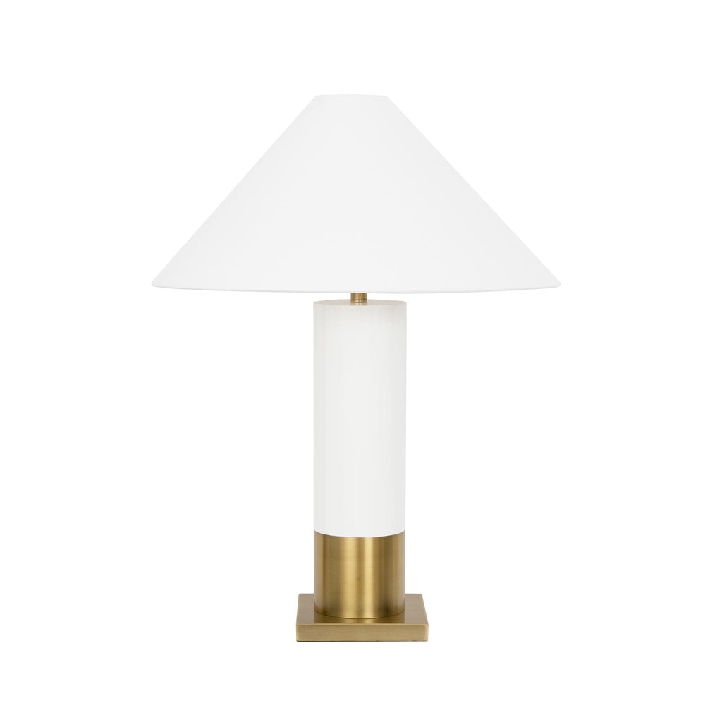 Worlds Away BRUSHED BRASS BASE TABLE LAMP WITH WHITE LINEN COOLIE SHADE IN WHITE LACQUER_x000D_