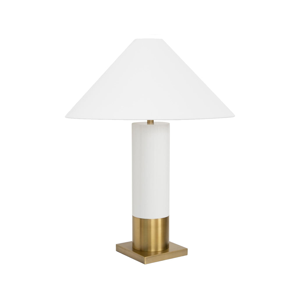 Worlds Away BRUSHED BRASS BASE TABLE LAMP WITH WHITE LINEN COOLIE SHADE IN WHITE LACQUER_x000D_