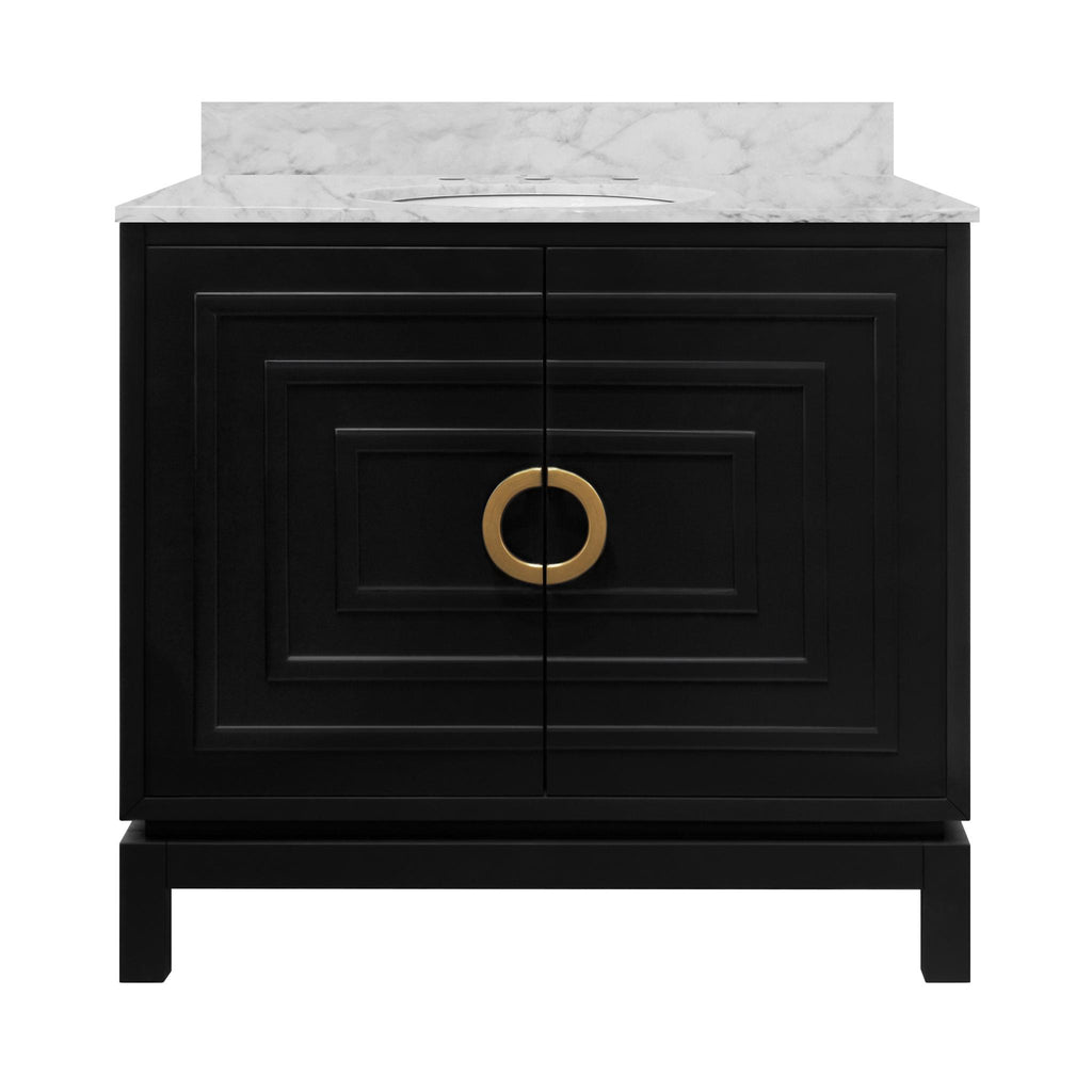 Worlds Away BATH VANITY IN MATTE BLACK LACQUER WITH ANTIQUE BRASS CIRCLE HARDWARE, WHITE MARBLE TOP, AND PORCELAIN SINK